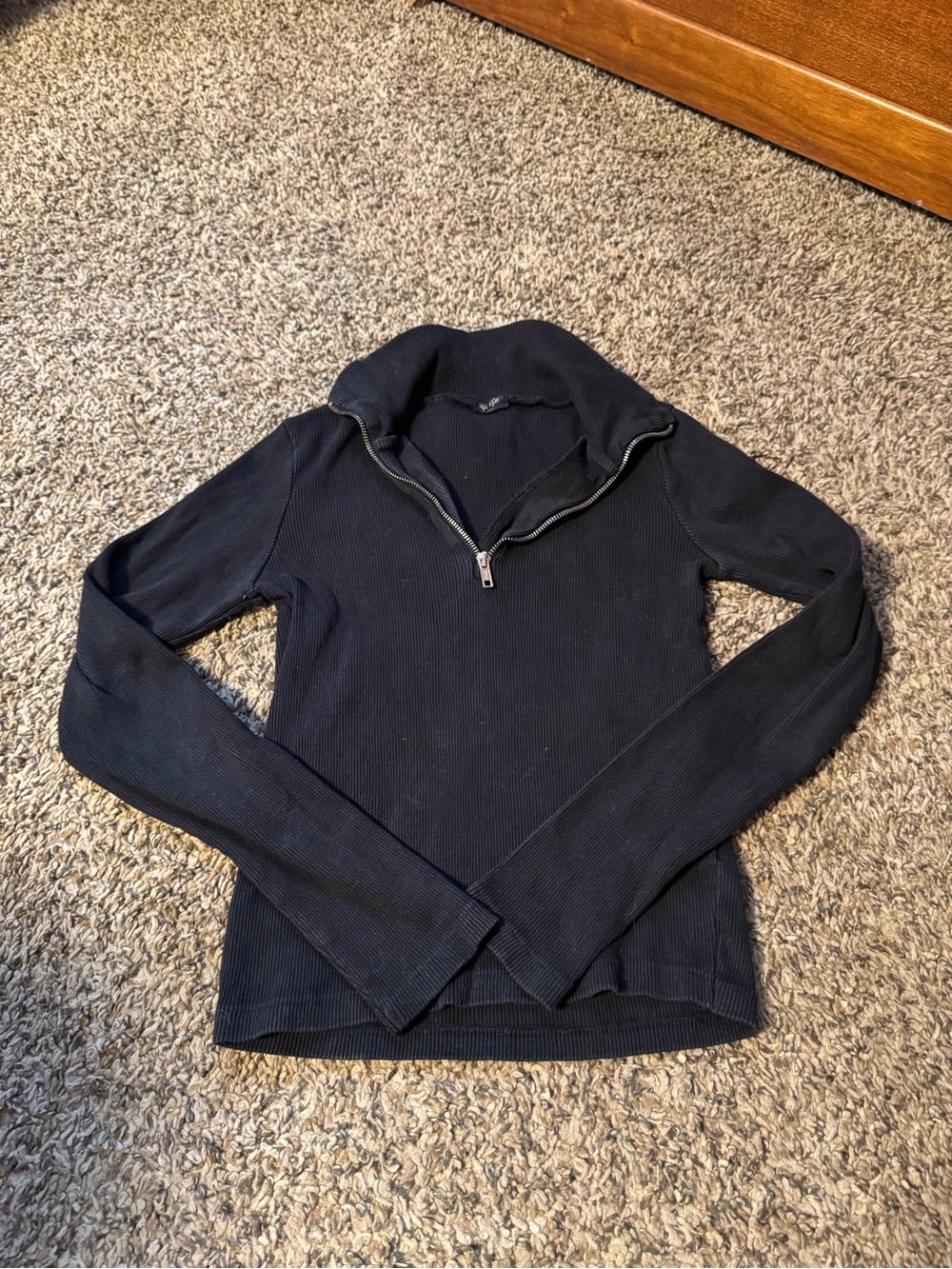Brandy Melville Black Long-Sleeve Ribbed Half-Zip Top